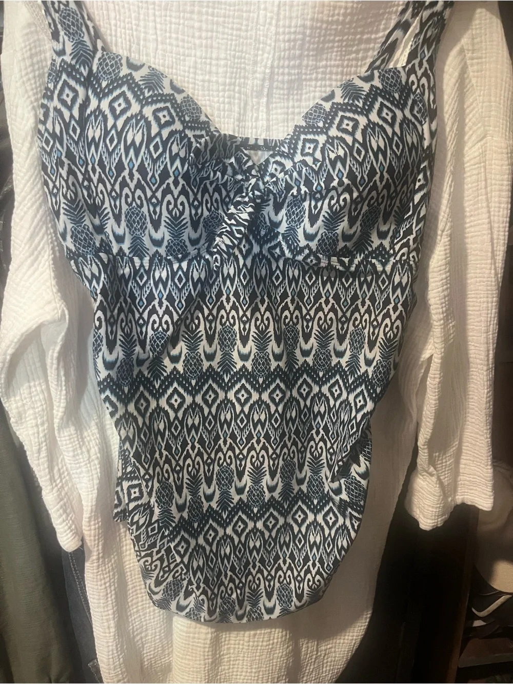 Women’s Navy and White Patterned tankini Swimsuit - TOP ONLY